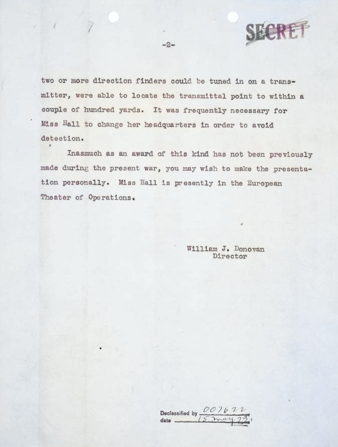 William Donovan's memorandum to Harry Truman regarding Virginia Hall, 12 May 1945, page 2 of 2 [Colorized by WW2DB]