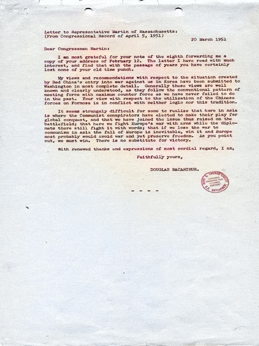 Message from General Douglas MacArthur to Congressman Joseph Martin, 20 Mar 1951 [Colorized by WW2DB]