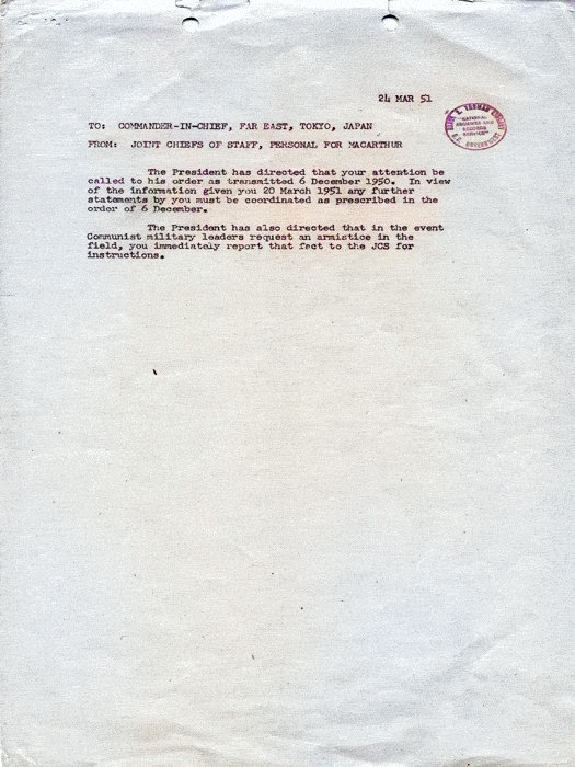 US Joint Chiefs of Staff message to MacArthur regarding the limit of statements, 24 Mar 1951, document 2 of 2 [Colorized by WW2DB]