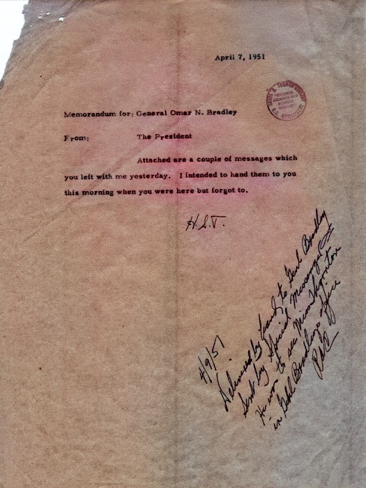 Memorandum from Truman to Bradley, 7 Apr 1951 [Colorized by WW2DB]