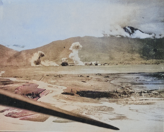 Karenko Airfield under attack by aircraft of USS Hancock, Taiwan, 12 Oct 1944, photo 1 of 2 [Colorized by WW2DB]