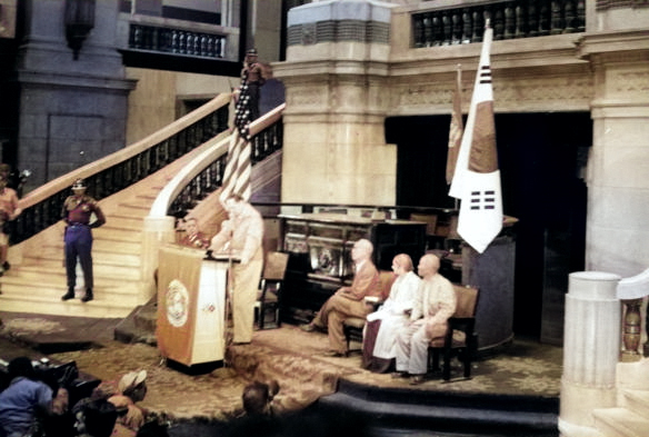 Ceremony marking the return of Seoul to Republic of Korea control, General Government Building, Seoul, Korea, 29 Sep 1950, photo 2 of 3 [Colorized by WW2DB]