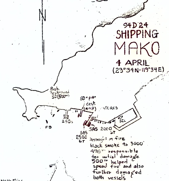 USAAF 498th Bombardment Squadron hand drawn map for the 4 Apr 1945 attack on Japanese shipping in Mako harbor, Pescadores Islands [Colorized by WW2DB]