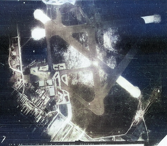 Aerial photo of Okayama Airfield, Takao (now Kaohsiung), Taiwan taken by aircraft of USS Enterprise, 13 Oct 1944 [Colorized by WW2DB]