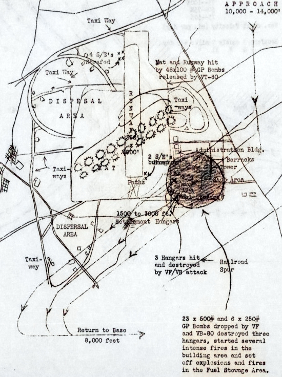 Post-mission map of the Air Group 80 of USS Ticonderoga 3 Jan 1945 attack on Taichu Airfield, central Taiwan [Colorized by WW2DB]