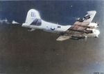 B-17G Fortress “The Thomper” is under fighter attack and the tail gunner is returning fire, Oct 1944. Location unknown. Note right wing damage and trailing smoke.