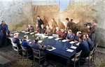 Officers gather around a table at Eisenhower’s headquarters to sign the instruments of the German surrender, Reims, France, 7 May 1945. Photo 1 of 2