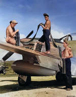 Armorers load belts of .50 caliber ammunition into a P-51D Mustang of the 45th Fighter Squadron, Saipan, Mariana Islands, before flying to Iwo Jima, Mar 1945.