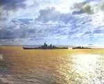 Silhouette of the battleship USS New Jersey with a destroyer coming alongside, probably for refueling, Pacific Ocean, late 1944 or early 1945.