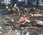 Wreckage of Japanese Aichi D3A “Val” dive bomber that was shot down during Pearl Harbor attack and crashed near Wheeler Field in Oahu’s central plain. 8 Dec 1941 photo.