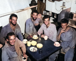 Aboard the seaplane tender USS Tangier in San Pedro Bay, Leyte, Philippines 10 Jan 1945 are five downed United States Navy airmen rescued the day before by a PBY Catalina near Subic Bay, Luzon, Philippines.