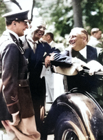 General Douglas MacArthur (left) sharing a laugh with New York Governor Franklin Roosevelt (right) and Secretary of War George Dorn (center) shortly after MacArthur was appointed Army Chief of Staff, Nov 1930.