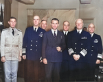 High-level naval conference in San Francisco, California, United States, 29 Sep 1944. L to R: Admiral Raymond Spruance, Admiral Ernest King, Rear Admiral Charles Cooke, Navy Secretary James Forrestal, Vice Admiral Randall Jacobs, Admiral Chester Nimitz, Vice Admiral Aubrey Fitch.