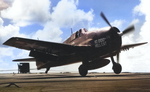 Grumman F6F-5 Hellcat “10,000th Hellcat” BuNo 78854 of Fighting-Bombing Squadron VBF-87 catching an arresting wire while landing aboard USS Ticonderoga, May-Jun 1945 in the western Pacific.