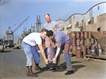 Publicity photo of workers at the CalShip yard with connections to Major League Baseball, circa 1944, Los Angeles, California, United States. [See Comment below]