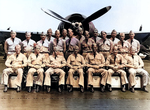 Pilots of Fighting Squadron Six posing in front of a F4F-3 Wildcat aboard Enterprise, Jan 1942