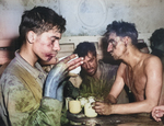 US Marine Corps Private First Class Faris M. Tuohy drinking a cup of coffee aboard a ship off Eniwetok after two days of fighting, Marshall Islands, Feb 1944