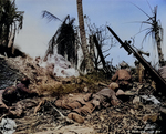 Men of US 7th Division waiting outside a Japanese blockhouse on Kwajalein while a flamethrower did its work, 4 Feb 1944