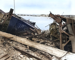 Two waterfront gantry cranes that were destroyed by the Germans during their demolition of Cherbourg