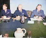 Major General Lauris Norstad, General Henry Arnold, and General George Marshall at a meeting during the Potsdam Conference, Germany, 21 Jul 1945