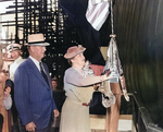 US Secretary of Navy Frank Knox and wife Annie Reid Knox at the christening ceremony of USS Hornet, Newport News shipyard, Newport News, Virginia, United States, 30 Aug 1943