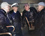 Fleet Admiral Nimitz, Fleet Admiral Leahy, President Truman, and Vice Admiral Mitscher aboard USS Franklin D. Roosevelt during maneuvers off the Virginia Capes, United States, 24 Apr 1946