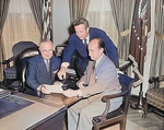 US President Harry Truman, presidential candidate Adlai Stevenson, and vice presidential candidate John Sparkman at the White House, Washington DC, United States, 12 Aug 1952