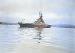 US battleship Alabama anchored in Puget Sound, Washington, United States, 15 Mar 1945, photo 3 of 5; starboard quarter view