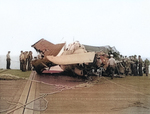 FM-1 aircraft having crashed into several TBF aircraft while landing on the flight deck of USS Coral Sea, 11 Oct 1943, photo 3 of 3