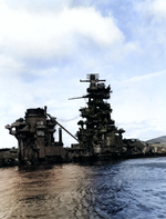 Hyuga sunken in shallow water, Kure, Japan, 9 Oct 1945