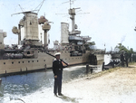 Königsberg at Swinemunde, Germany, with a sentry on guard in the foreground, 1938