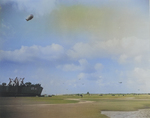 US Navy LST-134 beached at Normandy, France while unloading during low tide, 12 Jun 1944; note barrage balloons overhead providing protection from air attack and DUCKs on the beach