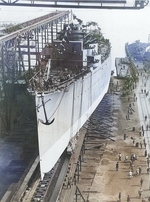 Marblehead being prepared for launching, William Cramp and Sons shipyard, Philadelphia, Pennsylvania, United States, 9 Oct 1923