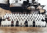 Emperor Showa (Hirohito; front center) with Japanese Navy officers aboard Musashi, off Yokosuka, Japan, 24 Jun 1943; Musashi was carrying the remains of Isoroku Yamamoto