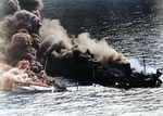 US tanker Dixie Arrow burning after being torpedoed by German submarine U-71, off North Carolina, United States, 26 Mar 1942