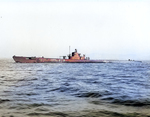 USS Permit off Mare Island Navy Yard, California, United States, 13 Jan 1943, photo 1 of 2; note newly installed port-side external torpedo tube