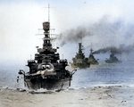 HMS Repulse (leading the column), HMS Renown (behind Repulse), and other capital ships during maneuvers, circa late 1920s