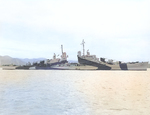 USS San Diego off Mare Island Naval Shipyard, Vallejo, California, United States, 10 Apr 1944, photo 1 of 5; note camouflage Measure 33, Design 24d