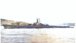 Broadside view of USS Segundo departing Mare Island Naval Shipyard, California, United States, 24 Apr 1946, photo 2 of 2