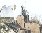 USS Sunfish at Mare Island Navy Yard, Vallejo, California, United States, 24 Oct 1942; note submarine tender Bushnell in background