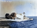 Texas firing her main battery during gunnery practice, Feb 1928