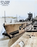 Submarine Spot at Mare Island Naval Shipyard, Vallejo, California, United States, 3 Jul 1944; note submarine Trepang in background