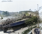 Launching of submarine Wahoo, Mare Island Navy Yard, Vallejo, California, United States, 14 Feb 1942, photo 1 of 4; note submarine Whale nearby