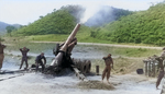 M115 howitzer of 17th Field Artillery Battalion, US 45th Infantry Division firing, north of Yonchon, Korea, 27 May 1952