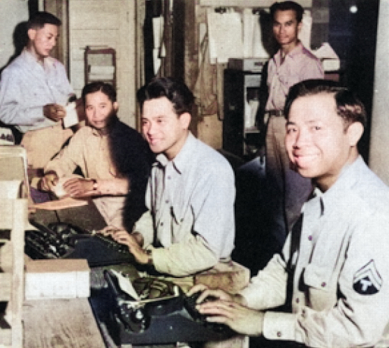 Staff of the personnel section of US Army 1st Filipino Infantry Regiment, date unknown [Colorized by WW2DB]