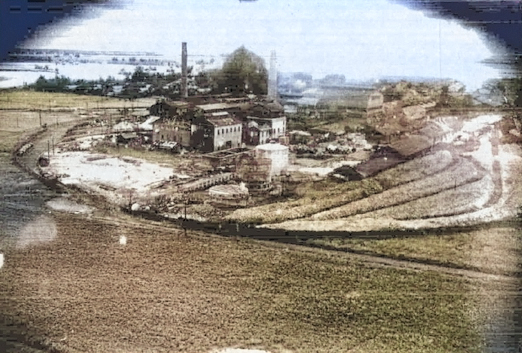 Sugar refinery at Suantau, Kagi (now Suantou, Chiayi), Taiwan under parafrag attack by two USAAF B-25J bombers, 2 Jun 1945, photo 1 of 3 [Colorized by WW2DB]