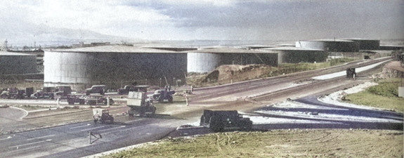 Above-ground oil tank farm at Pearl Habor, Oahu, US Territory of Hawaii, 1940s [Colorized by WW2DB]