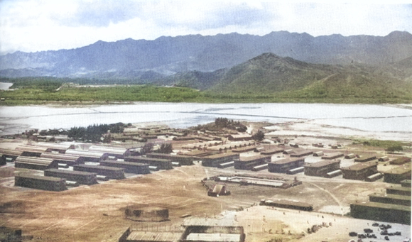 Barracks and recreation field at Kaneohe Naval Air Station, Oahu, US Territory of Hawaii, date unknown [Colorized by WW2DB]