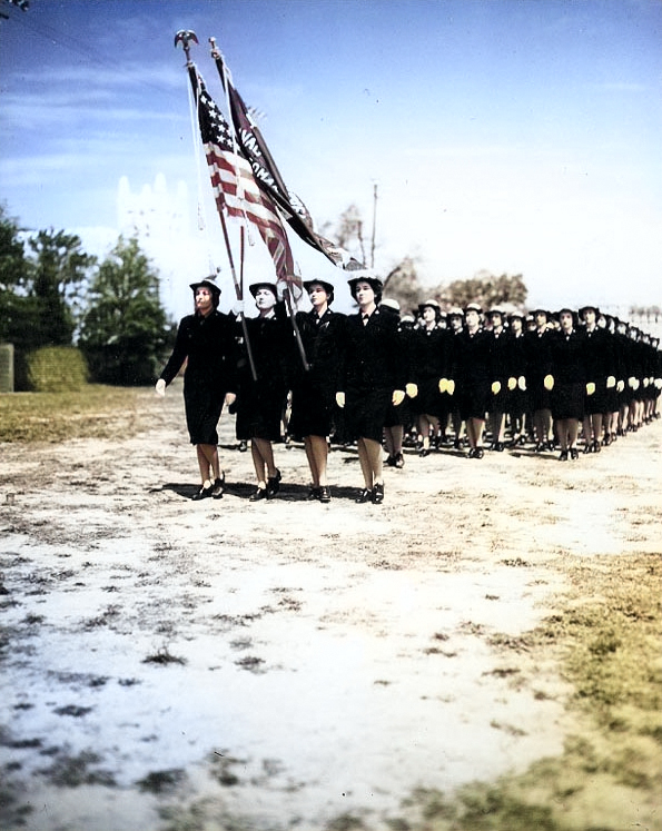 WAVES students on parade, Naval Training School, Milledgeville, Georgia, United States, during WW2 [Colorized by WW2DB]