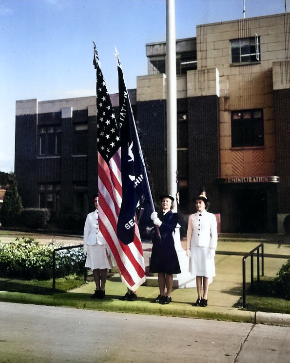 US Navy WAVES color guard at the administration building of Naval Air Station Seattle, Washington, United States, 1944-1945 [Colorized by WW2DB]